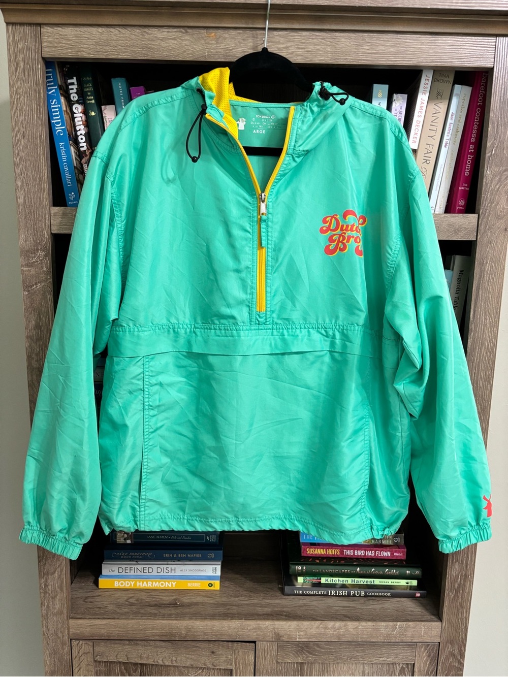 Dutch Bros Retro Teal Yellow Hooded Windbreaker Rain Jacket, Size Large